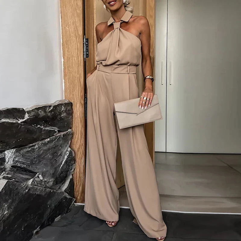 Sexy Off Shoulder Hight Waist Jumpsuit Women Casual Sleeveelss Wide Legger Solid Romper Elegant Pleated Loose Long Playsuit 01 Camel