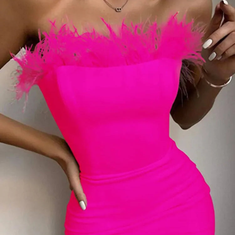 Summer Sexy Strapless Backless Feather Black Midi Women Bodycon Bandage Dress Designer Fashion Party Club Dress Vestido