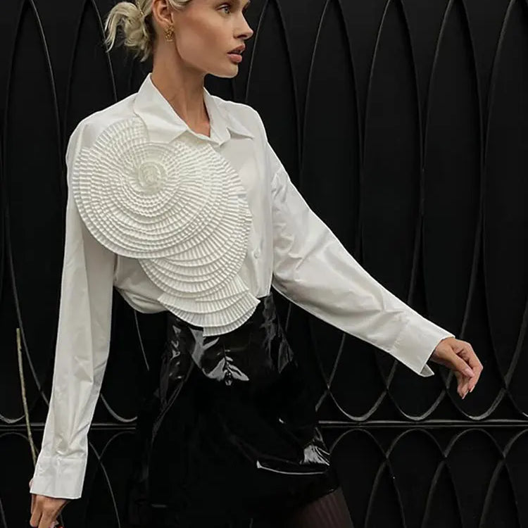 Elegant Lady 3D Pleated Flower Solid T Shirt Fashion Round Neck Short Sleeves Tops Spring Summer Casual Women Street Wear White long