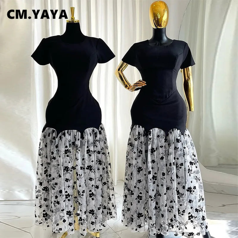 CM.YAYA Women Short Sleeve O-neck Mesh Floral Printed Long Maxi Bodycon Mermaid Dress 2025 Birthday Night Party Vestidos Dresses