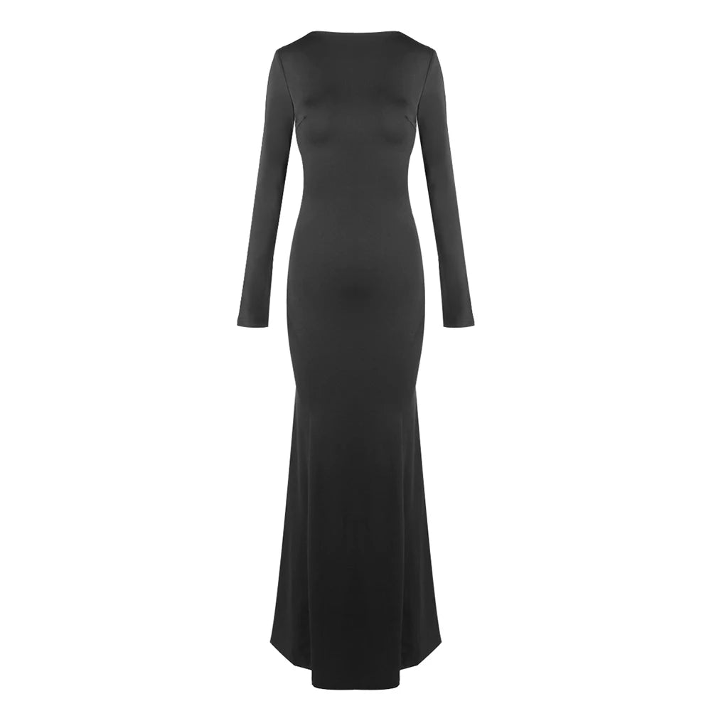 VC Romantic Black Long Sleeves Open-Back Maxi Dress Fashion Sexy Bodycon Party Evening Gown Dinner Date