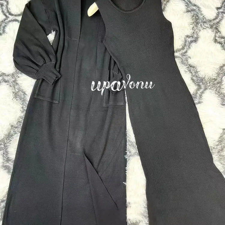 Casual Solid Knitted Sweater Long Dress Set Women Long Sleeve Loose Long Cardigan Coat&Sleeveless Mid length Dress Two Piece Set