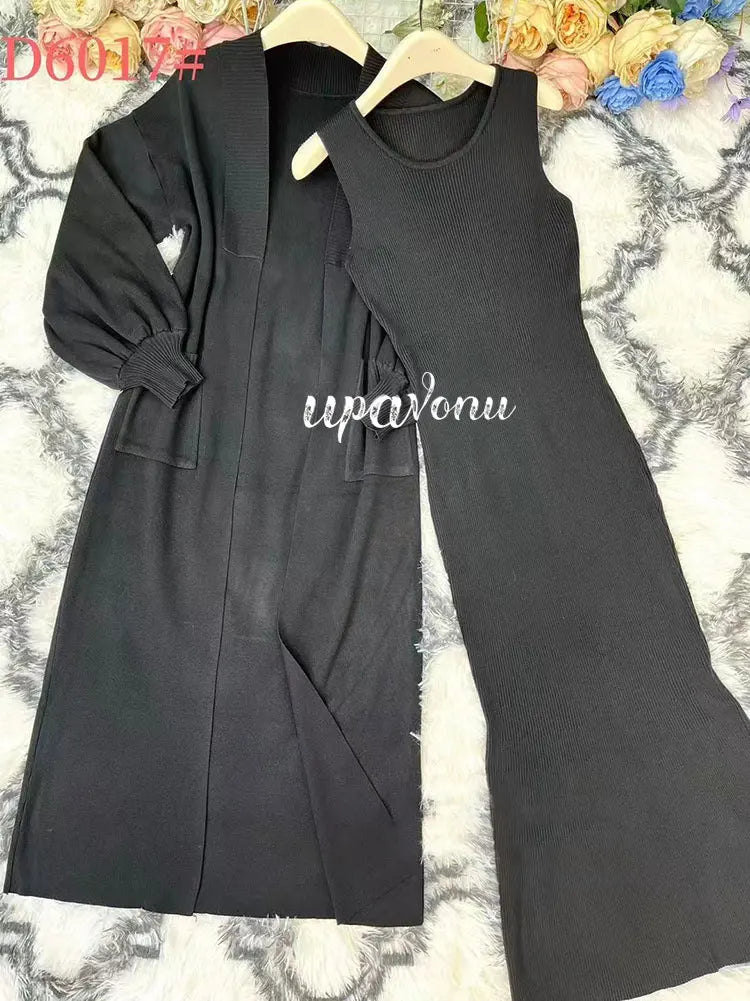 Casual Solid Knitted Sweater Long Dress Set Women Long Sleeve Loose Long Cardigan Coat&Sleeveless Mid length Dress Two Piece Set