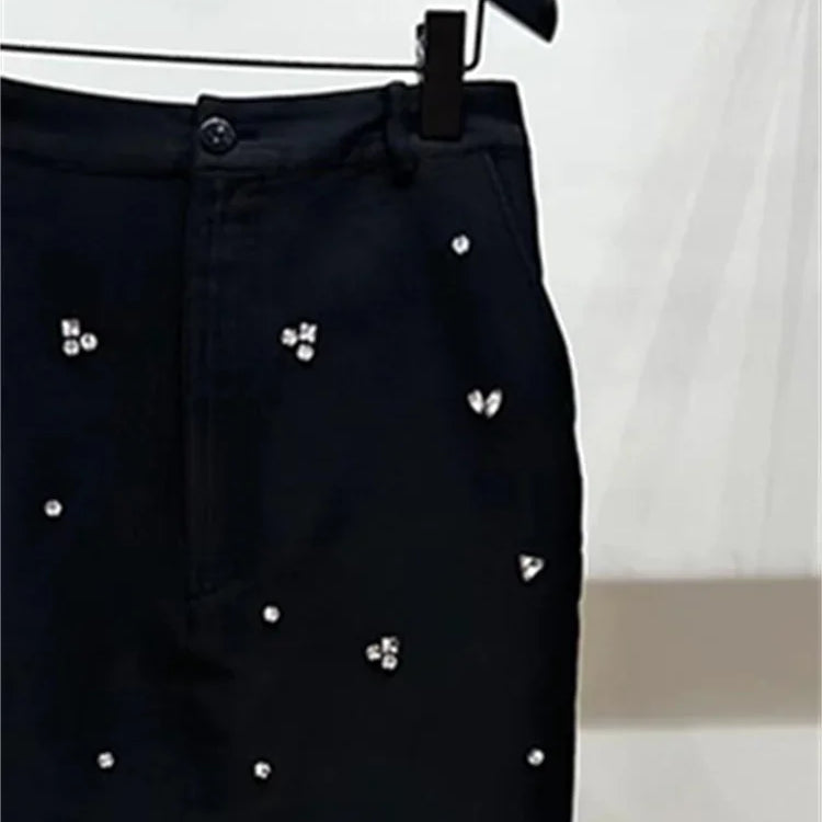 Women Classic Black Split Knitted Skirt Diamond Embellishment Slim Fit Mid Length Skirts Early Autumn