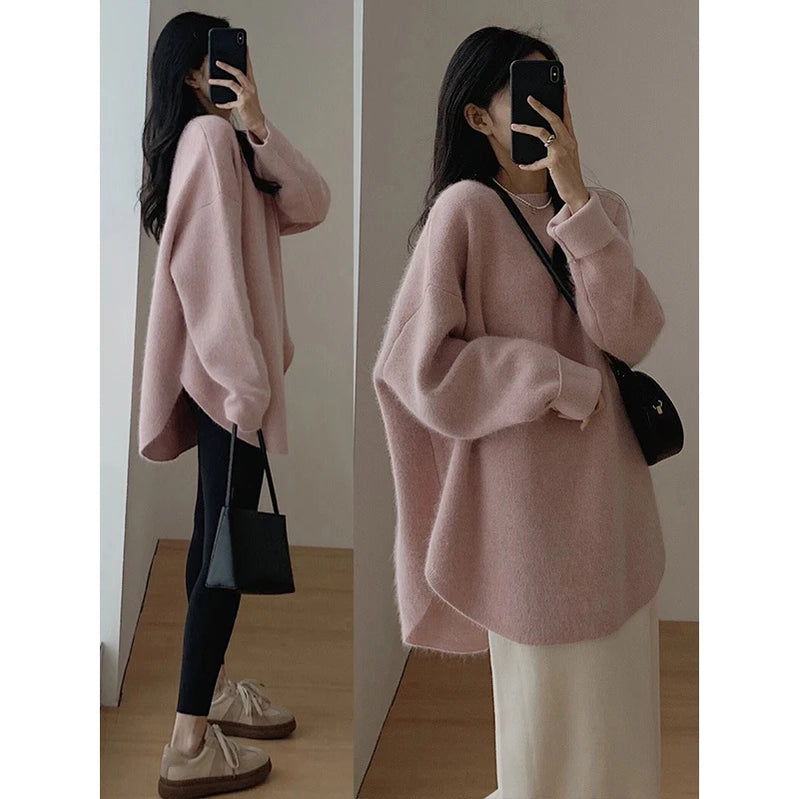 Fashion Knit Pullover for Women Sweet O-neck Fluffy Sweater Female Spring Autumn Soft Elegant Long Sleeve Ladies Knitwear Pink One Size