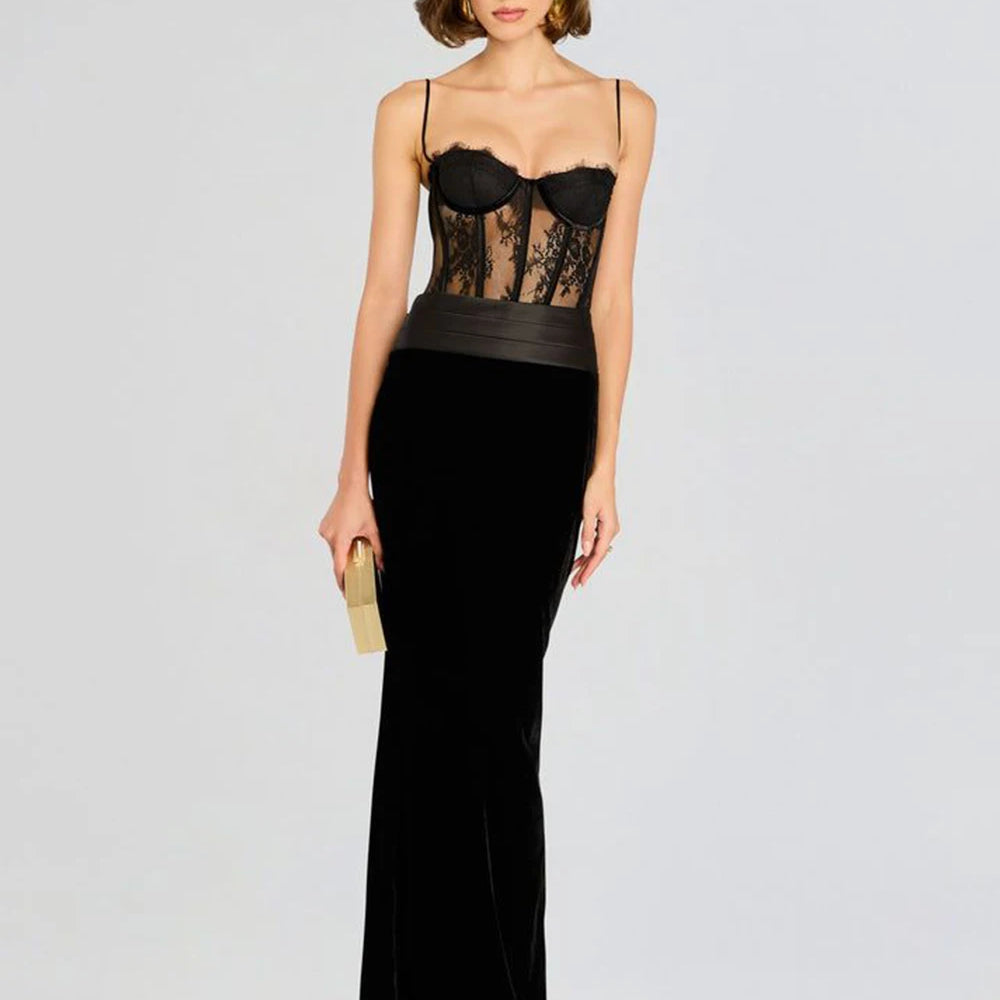 High Quality Women'S Sling Velvet Long Dress Sexy See Through Lace Slim Fishbone Dress Elegant Celebrity Evening Party Gowns