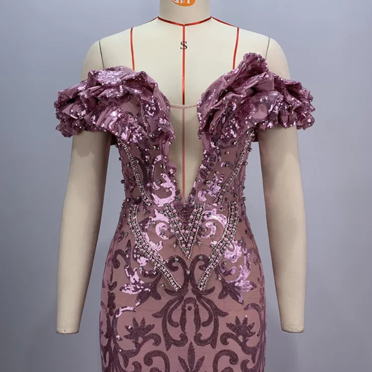 Luxury Sexy Off Shoulder Ruffles Pink Mesh Sequins Maxi Long Women Celebrity Dress 2024 Elegant Party Evening Club Vestido