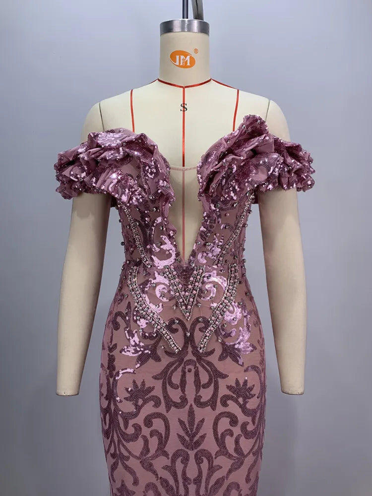 Luxury Sexy Off Shoulder Ruffles Pink Mesh Sequins Maxi Long Women Celebrity Dress 2024 Elegant Party Evening Club Vestido