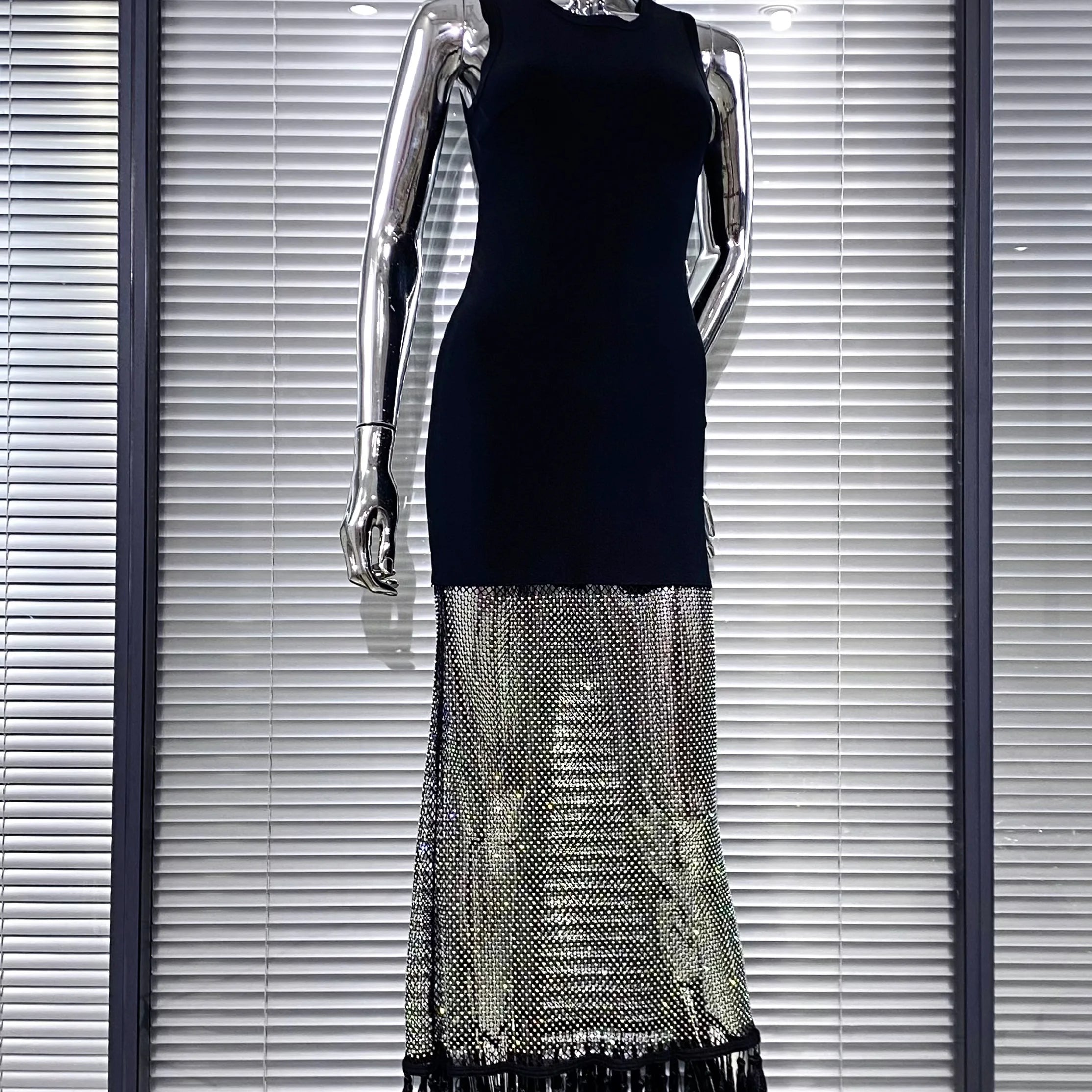 Shining Diamond See Through Mesh Tassels Black Bandage Ankle Length Dress Fashion Woman Party Dress Birthday Party Outfit
