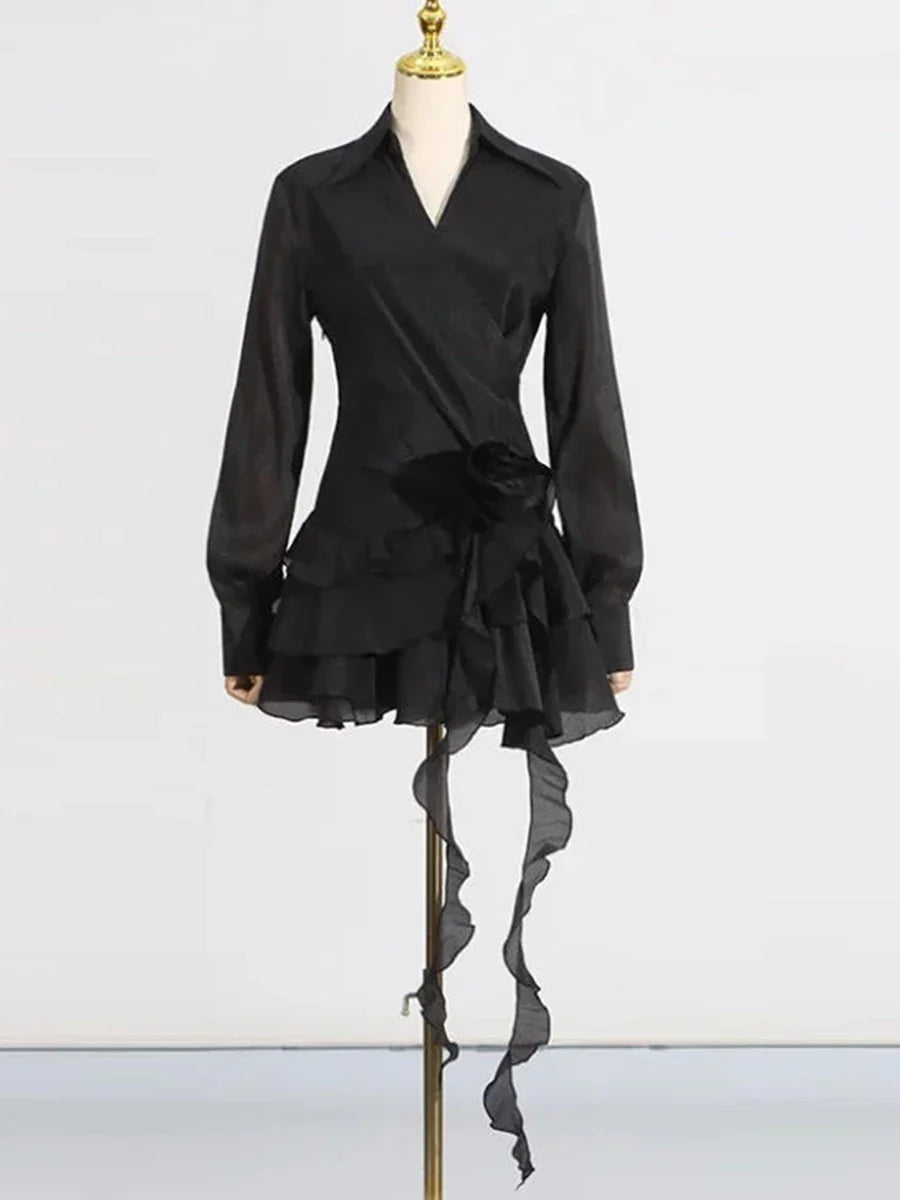 Solid Mini Temperament Mini Dresses for Women V Neck Long Sleeves Patchwork 3D Flower Mini Dress Female Clothing