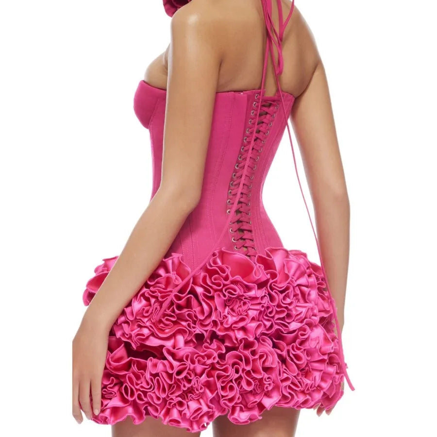 Pink Color Women Sexy Strapless Florals Bodycon Mini Dress Nigthclub Party Celebrate Birthday Fashion Outfit Vestido