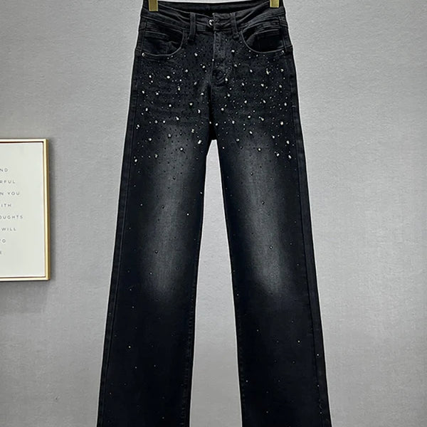 Women's Jeans High Waist Solid Color Sequins Diamond Loose Straight Wide Leg Denim Pants Winter Fashion Black