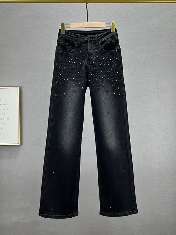 Women's Jeans High Waist Solid Color Sequins Diamond Loose Straight Wide Leg Denim Pants Winter Fashion Black