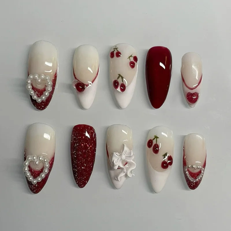 24Pcs Mid-length Almond Press on Fake Nails with Red Jellyfish Smudge Design False Nails 3D Shell Pattern Reusable Manicure Tips