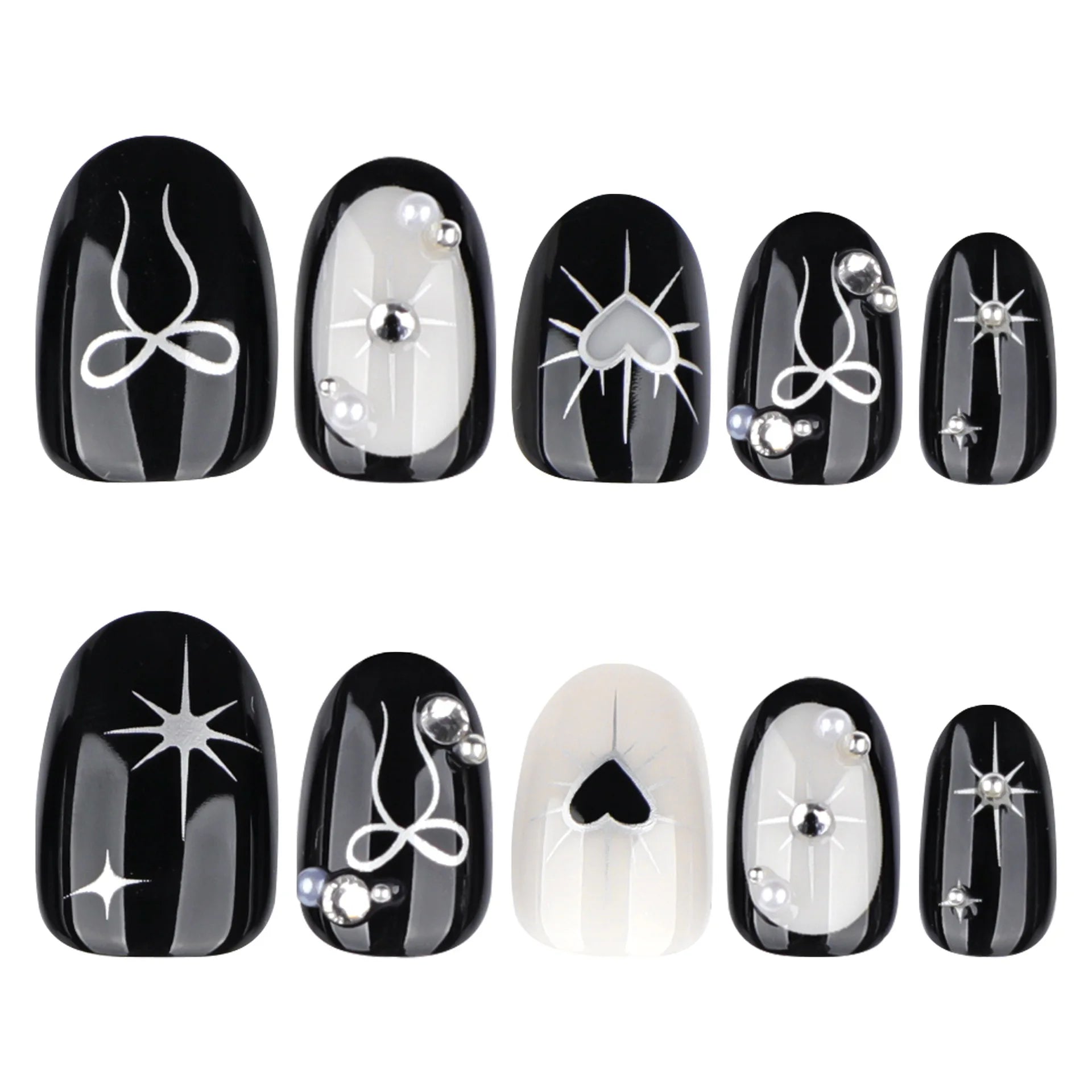 Y2K Girls Black Fake Nails 24Pcs Short Oval Shaped Press On Nails Silver Star/Love Heart/Bowknot Printed Stick-on False Nails