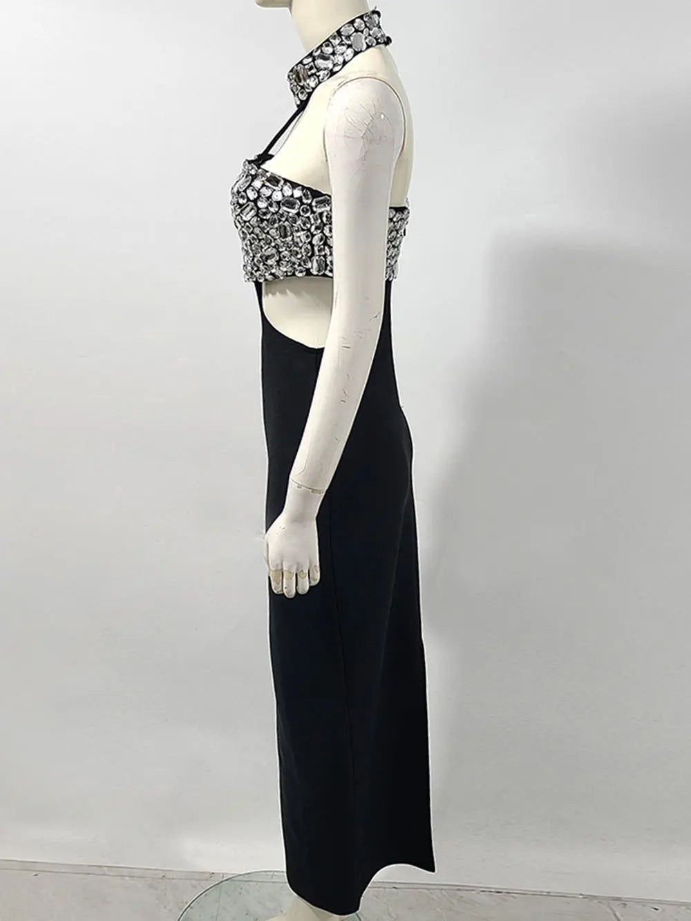 2025 Sexy Women's Light Luxury Nail Bead Design Bandage Dress Hanging Neck Sleeveless Waist Design Bodycon Long Dress Vestitos