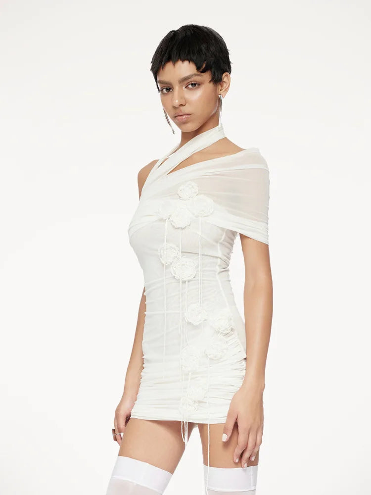 White Color Women Sexy Mesh See Through Florlas Bodycon Mini Dress Celebrate Girls'Vacation Birthday Party Cocktail Outfit