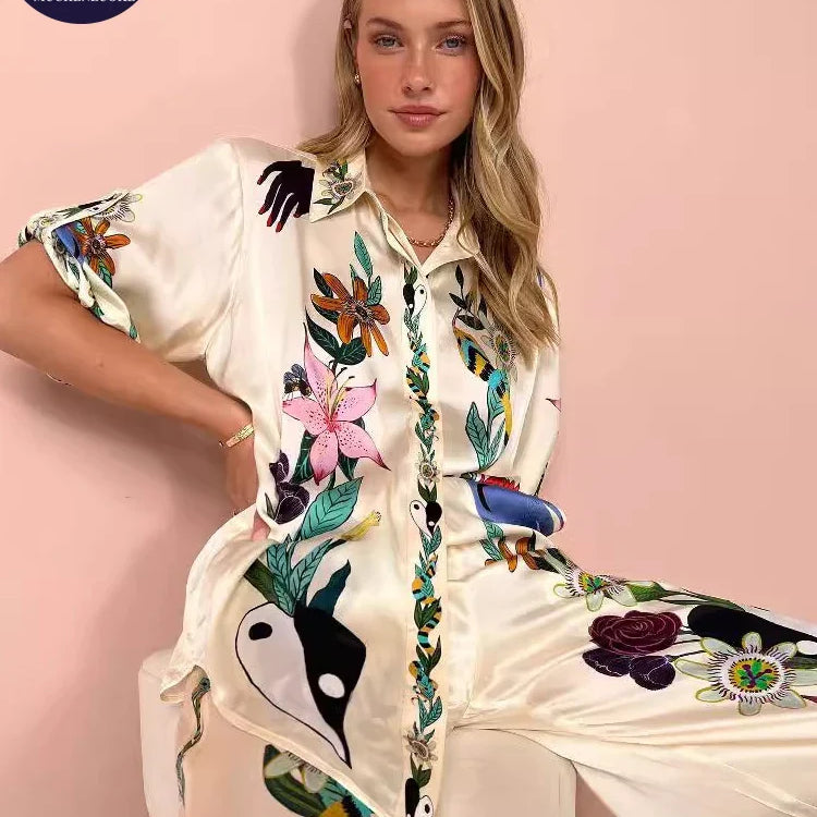 2 Piece Sets Women Outfit Summer New Bohemian Style Printing Half Sleeve Shirt Suits Fashionable Casual Loose Wide Leg Pant Set