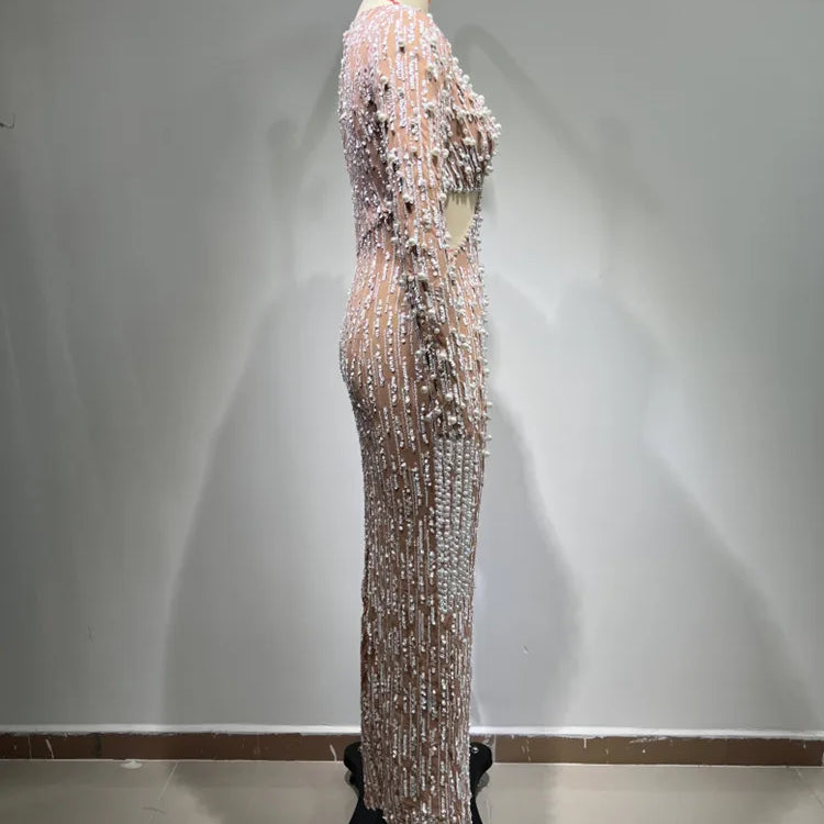 Elegant Evening Party Dress Women Long Sleeve Pearl Beading Bodycon Long Maxi Dress Birthday Party Cocktail Prom Dress