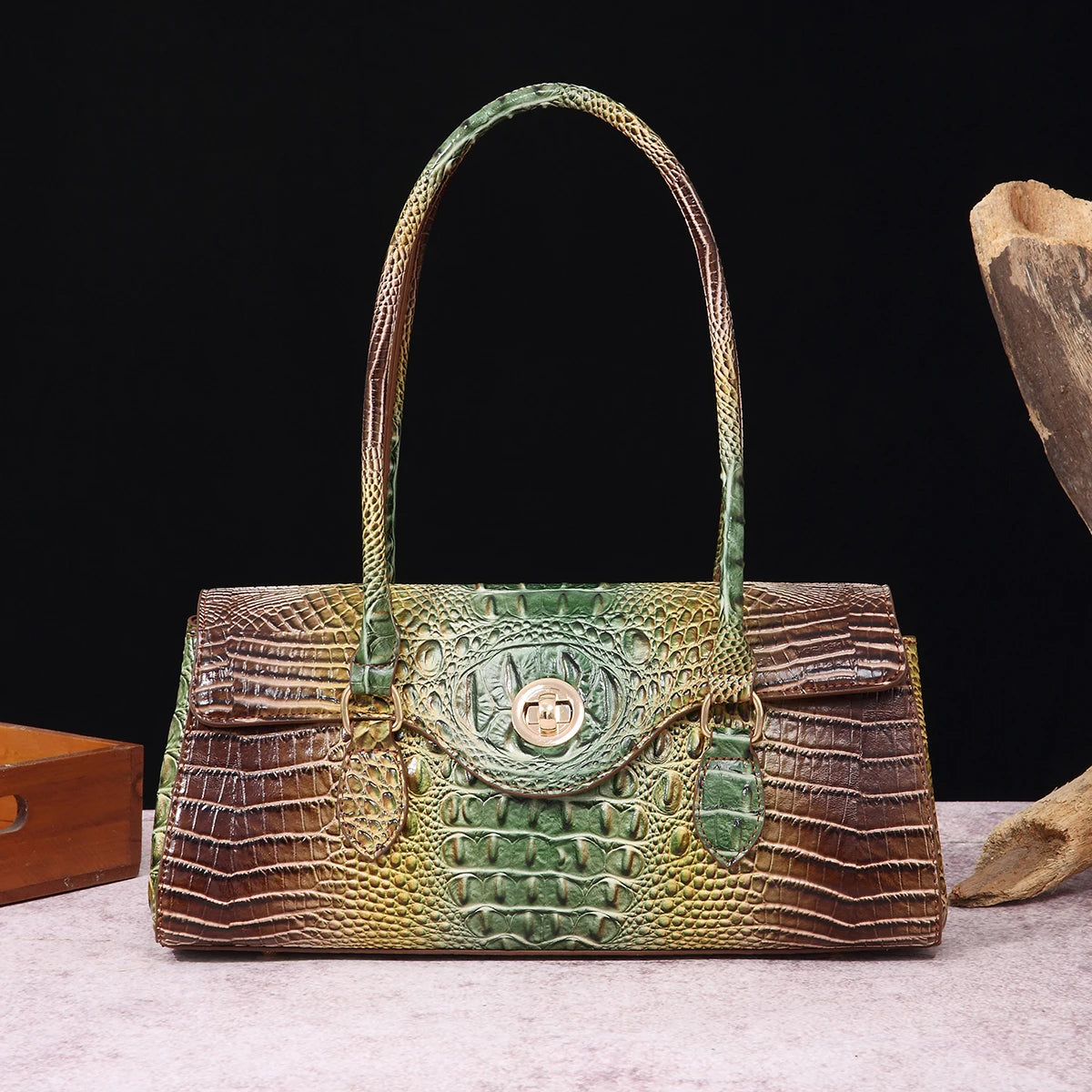 Multicolor Crocodile Pattern Fashion Handheld Stick Bag Large Capacity One Shoulder Underarm Bag Women's Luxury Handbag GreenBrown