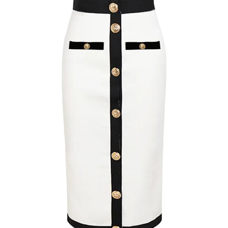 est Women Button Patchwork White Black Bodycon Bandage Skirt 2023 Designer High Waist Party Club Pencil Skirt 60cm