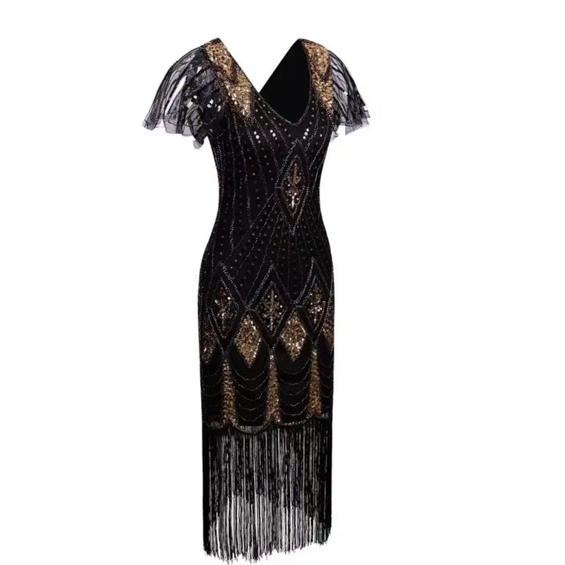 Embellished Beaded Sequin Dress Robe Vestidos Women 1920s Flapper Dress Vintage V Neck Butterfly Sleeve Long Great Gatsby Dress