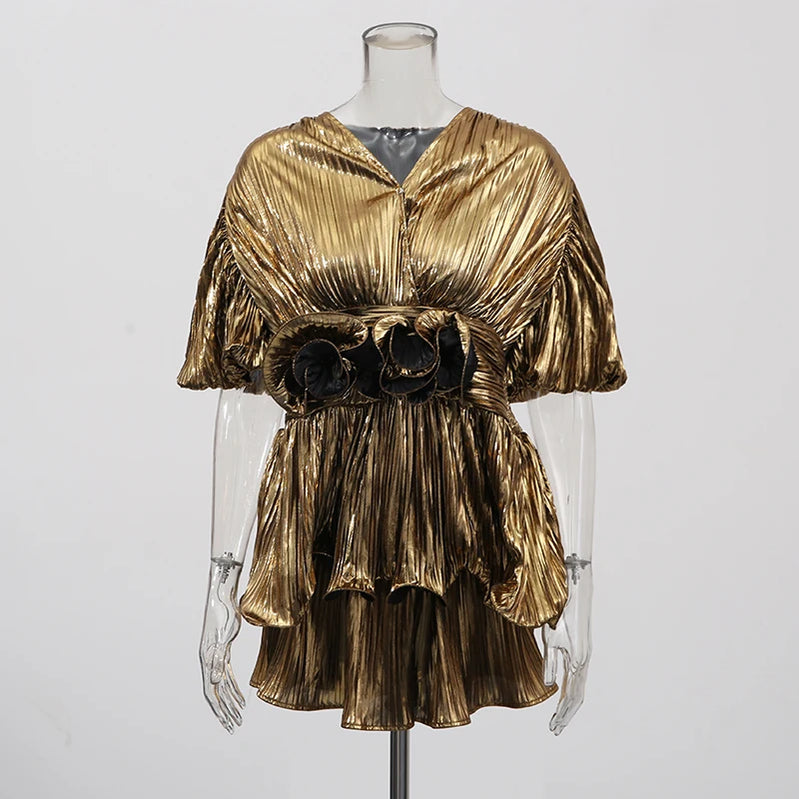 TWOTWINSTYLE Loose Two Piece Sets for Women V Neck Short Sleeves Spliced 3D Flowers Top Patchwork Elastic Waist Shorts Female