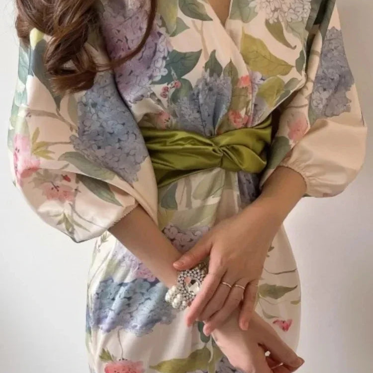 Women Elegant Floral Midi Dress Spring Vintage Japan Style Chic Bodycon Birthday Party Vestidos Female Fashion One Pieces Robe