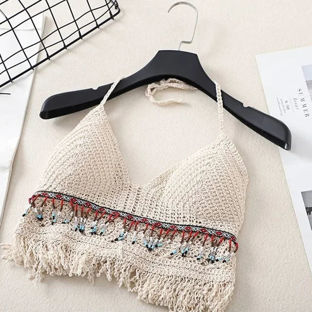 Sexy Boho Beach Holiday Camisole Halter Women Crochet Knit Swimsuit Bra Backless Vest Hollow Tassel Tank Top Women's Crop Tops Apricot-2 One Size
