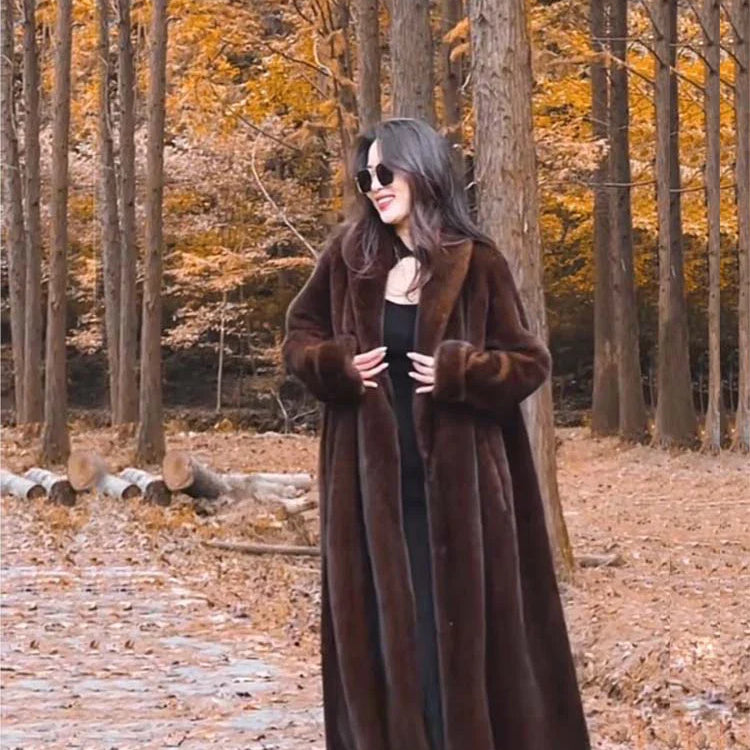 Winter Long Oversized Warm Thick Fluffy Brown Soft Skirted Faux Mink Fur Coat Women Elegant Luxury Furry Overcoat 2024