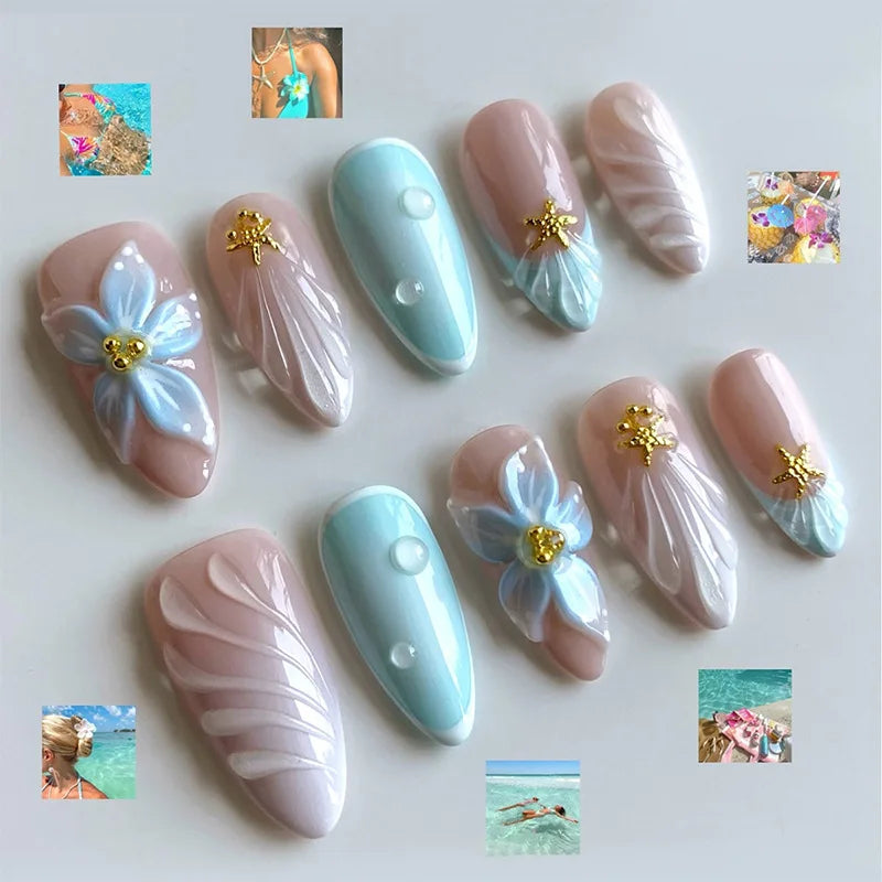 24Pcs Mid-length French Almond Press on Nails Tips with 3D Shell Flower Design Full Cover Fake Nails Art Datachable False Nails