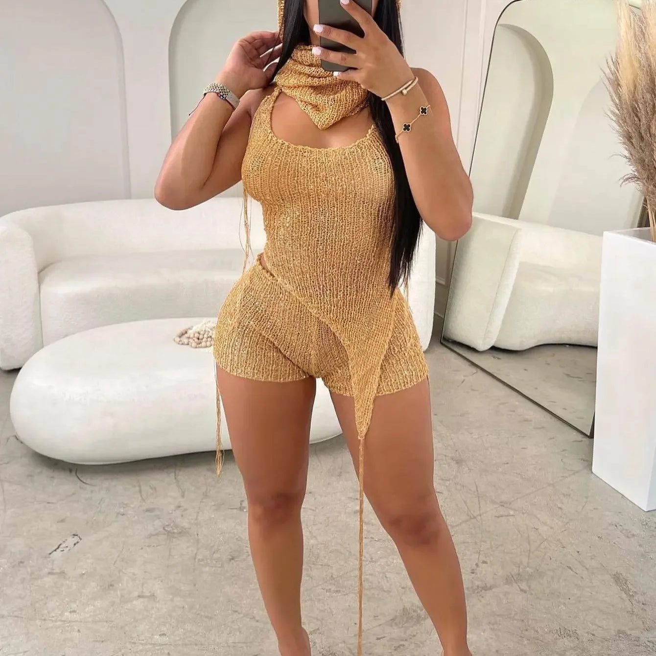CM.YAYA Knit Ribbed Women's Set Halter Neck Backless Crop Top with Hat Shorts Suit 2023 Summer Two 2 Piece Set Outfit Tracksuit