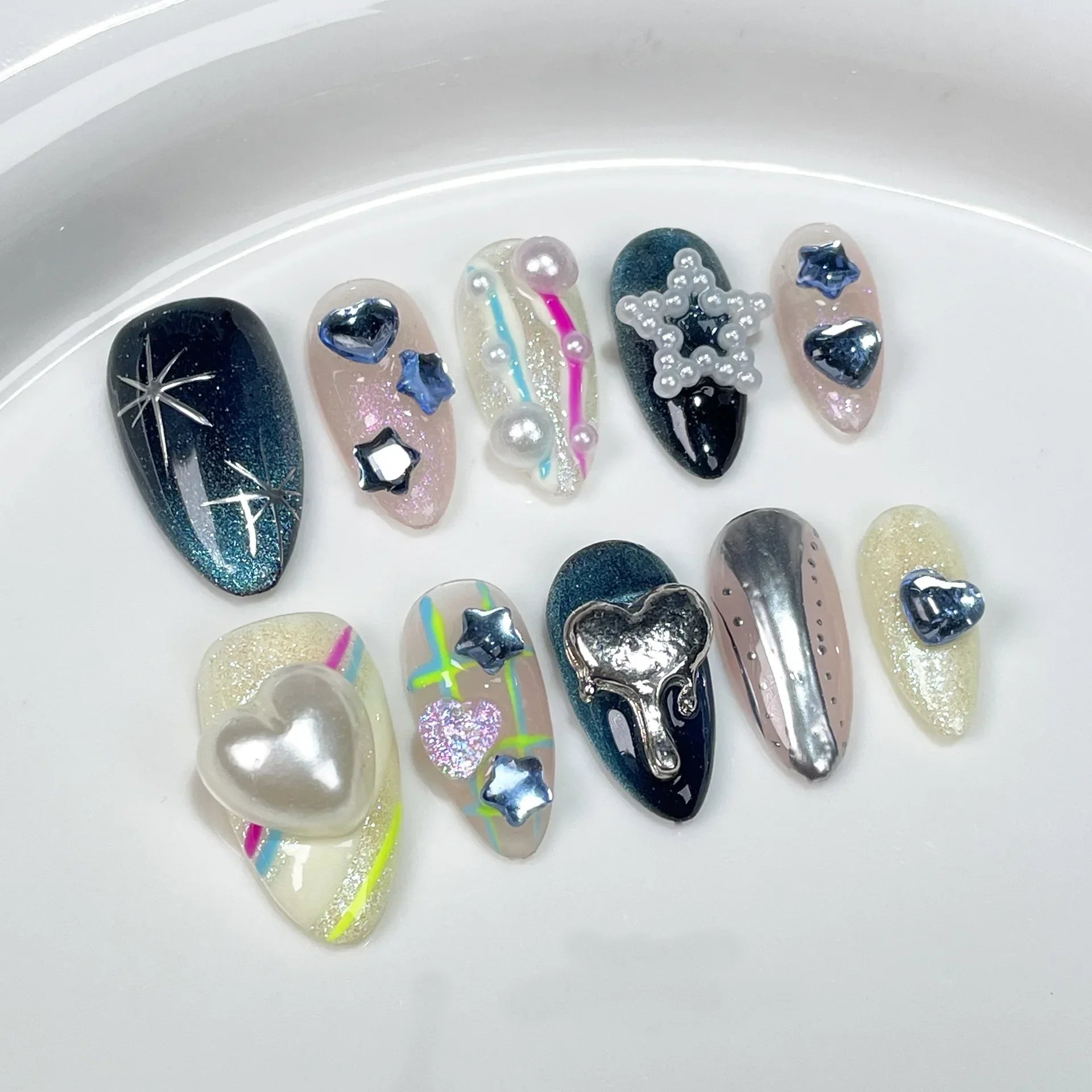 10Pcs Blue Handmade Almond Press on Nails French Design Rhinestone Full Cover Fake Nail Glitter Manicure Wearable Nail Tips Art