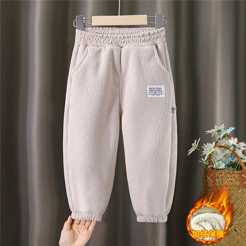 Winter Boys Thick Pants Kids Plus Velvet Warm Trousers Children Padded Cotton Long Pants Autumn Casual Sports Pants 2-12Y