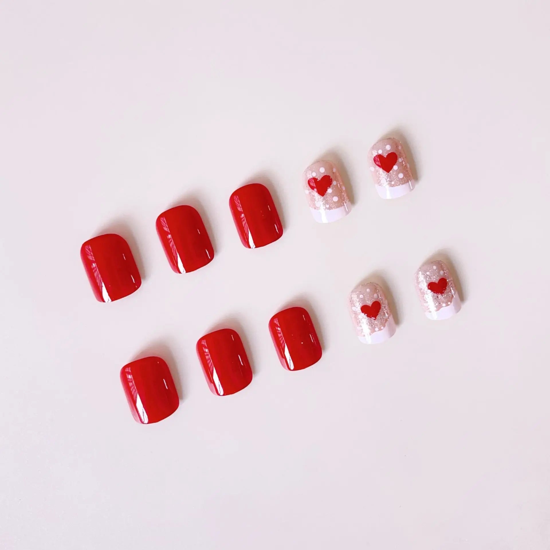 Sweet Girls Pink Fake Nails Short Square Valentine's Day Press On Nails Love Heart/Dot Printed Glossy Sequins False Nails Art