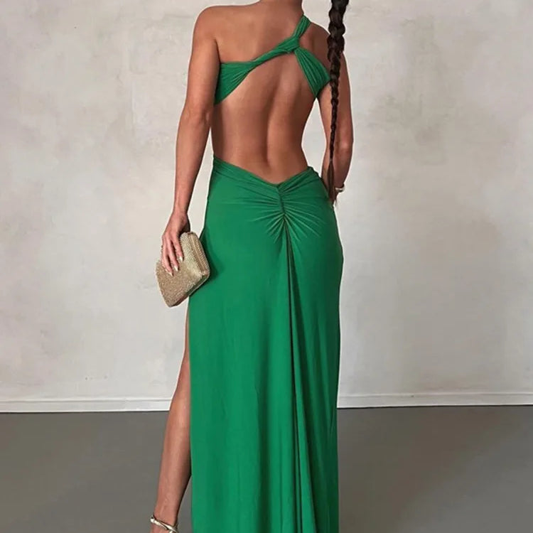 Mozision One Shoulder Strap Backless Maxi Dress For Women Gown Strapless Sleeveless Backless Thigh High Split Sexy Evening Dress