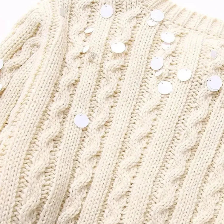 Women Fashion With Beading Cropped Knit Cardigan Sweater Vintage Long Sleeve Front Button Female Outerwear Chic Tops