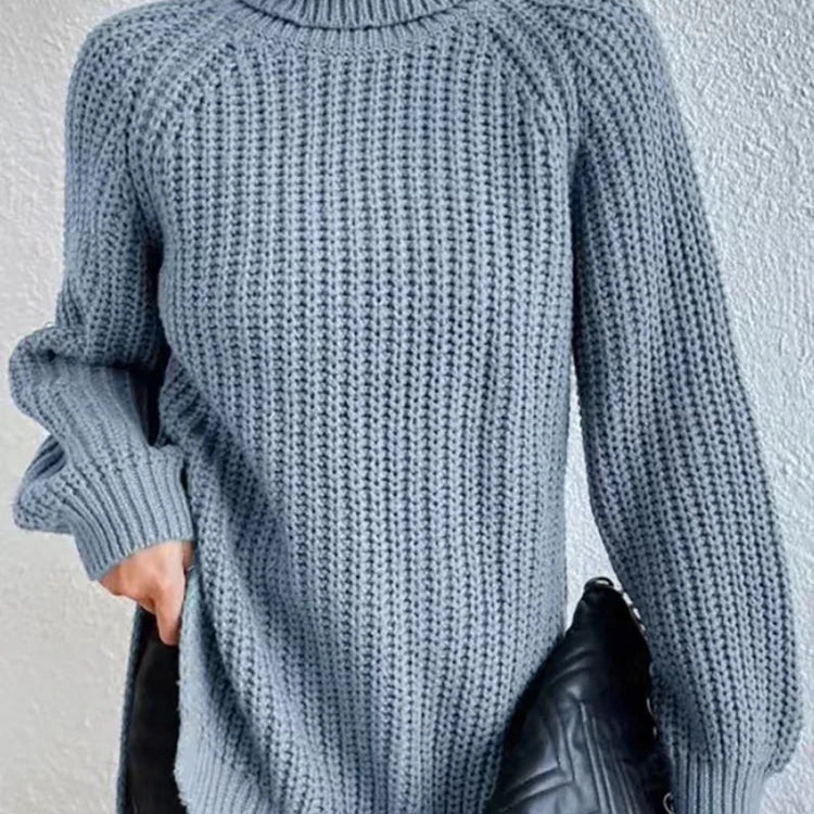 Women Winter Turtleneck Loose Sweater Elegant Drop Sleeve Side Split Pullover Vintage Harajuku Chic Jumpers Oversized knit Tops Light blue