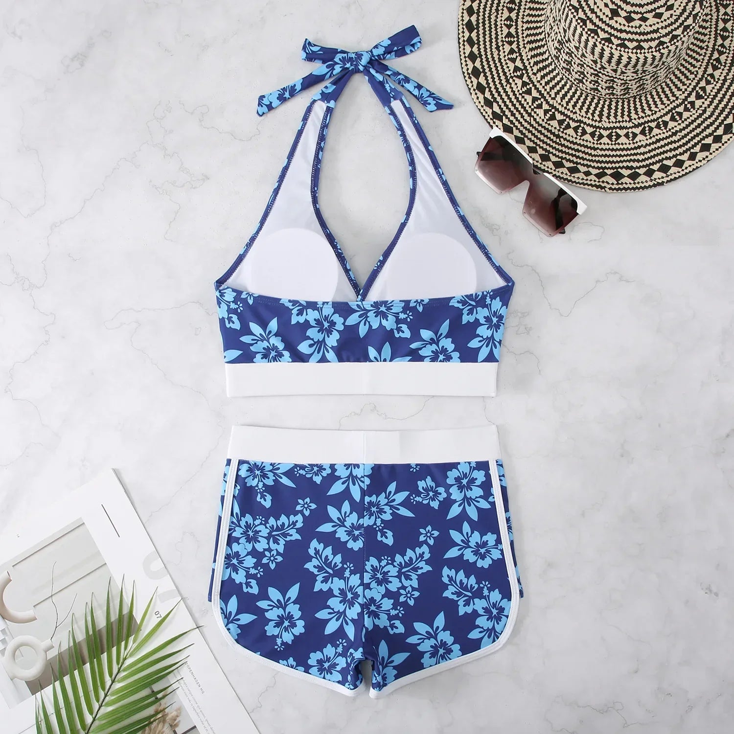 Flower Print 2 Piece Swimsuit Women,sexy High Waist V-neck Tankini Bikini, Suspender Halter Swimwear,summer Beach Vacation