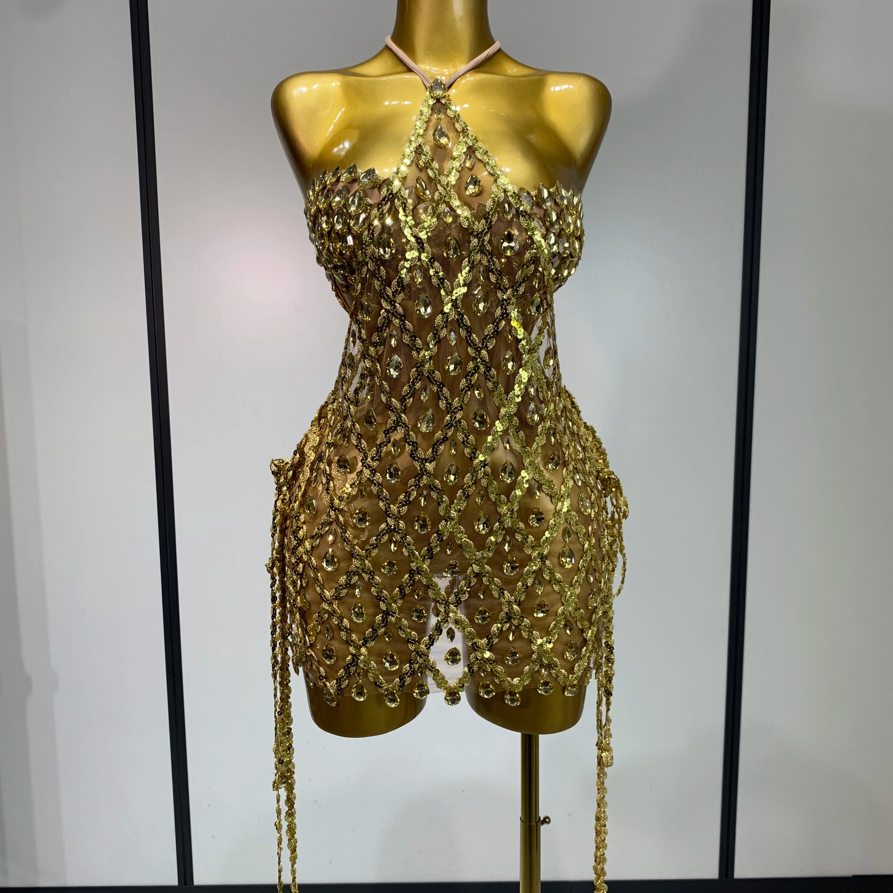 Sparkly Sequin Diamond Mesh Transparent Two Piece Set Women 2025 Sexy Evening Party Celebrate Birthday Photo Shoot Wear