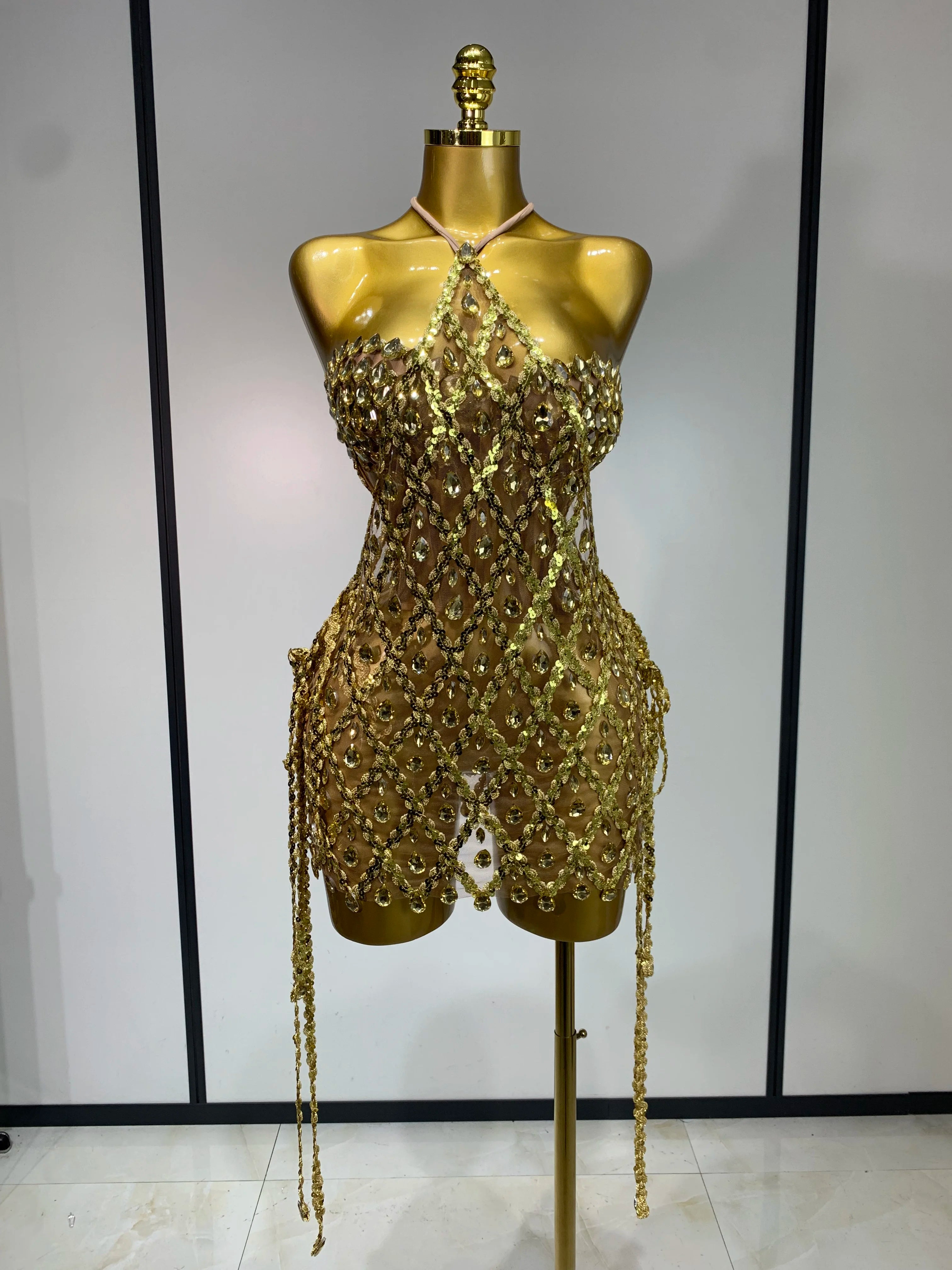 Sparkly Sequin Diamond Mesh Transparent Two Piece Set Women 2025 Sexy Evening Party Celebrate Birthday Photo Shoot Wear