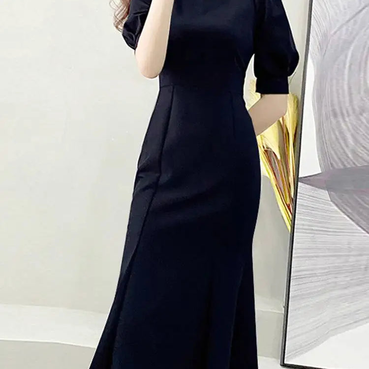 Elegant Party Midi Sundress Sexy Square Collar Holiday Short Puff Sleeve Mermaid Dresses Women Fashion Waisted Long Robe