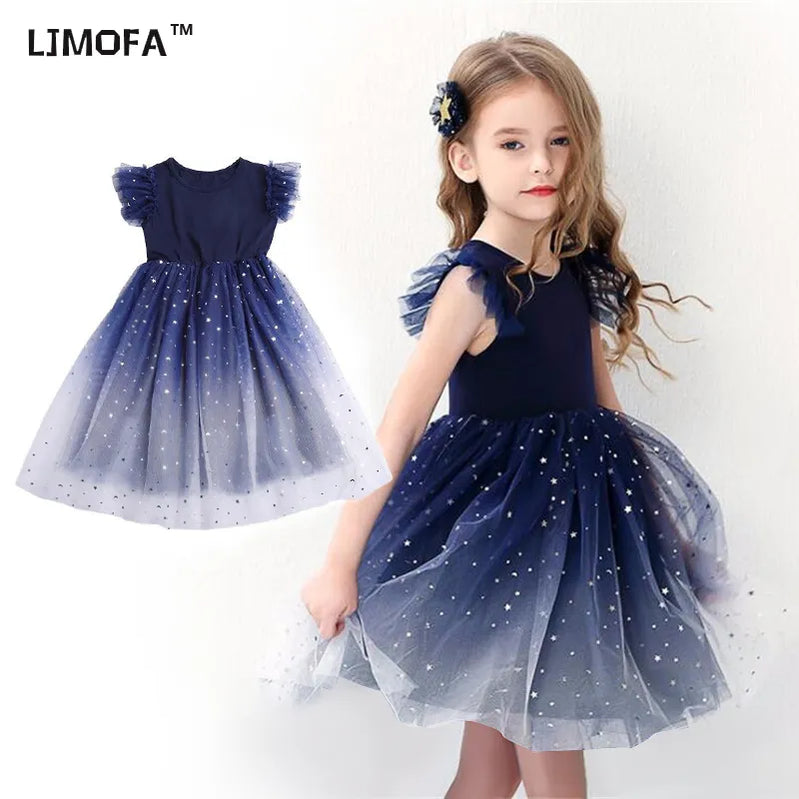 Gaun Gadis Gadis Musim Panas Putri Bintang Lengan Tulle Tulle Tutu Dress Untuk 4-8y Kids Birthday Party Shaggy Dress Childs Pakaian