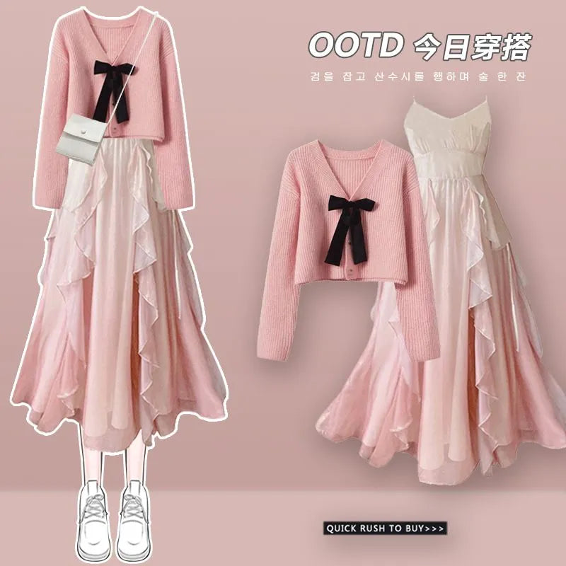 Women's Spring Autumn Fashion Cross Knitted Sweater+Strap Dress Two Piece Korean Elegant New in Matching Set Femlae Skirt Set 05