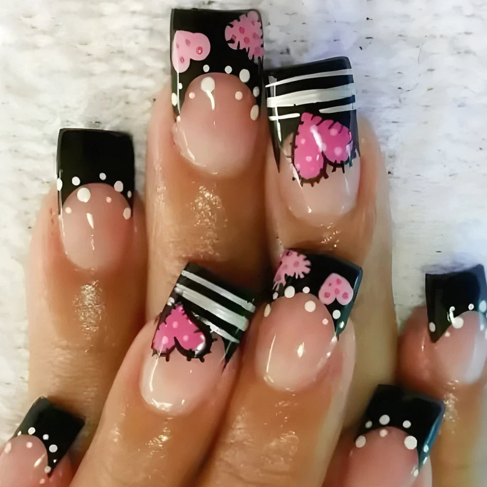 Y2K Girls Black French Fake Nails 24Pcs Short Square Press On Nails Pink Love Heart/Dot Printed Valentine's Day Charm Manicure