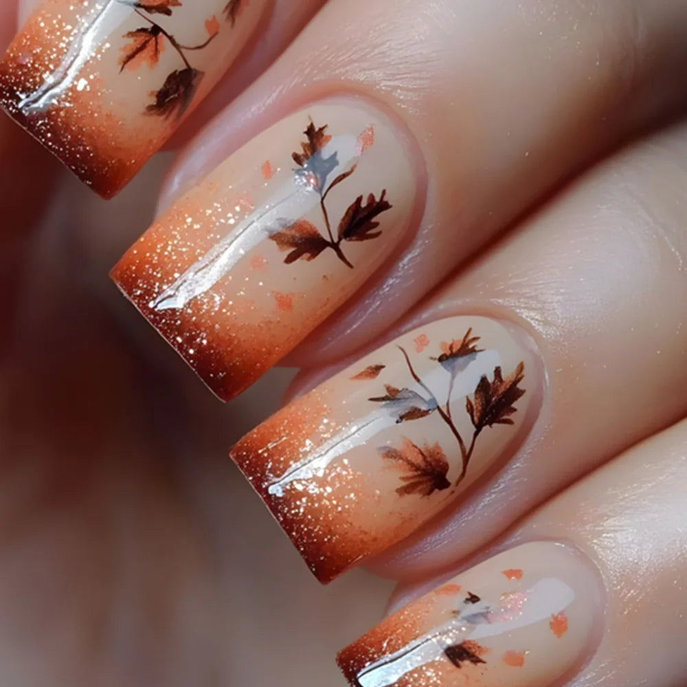 Short middle square ballet fake nails sparkling plant flowers maple leaves gradient Peacock feathers press on false nails set