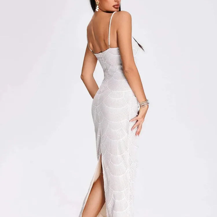Women Luxury Sexy V Neck White Pearl Beading Cut Out Maxi Long Bodycon Gowns Dress Birthday Elegant Evening Party Club Dress