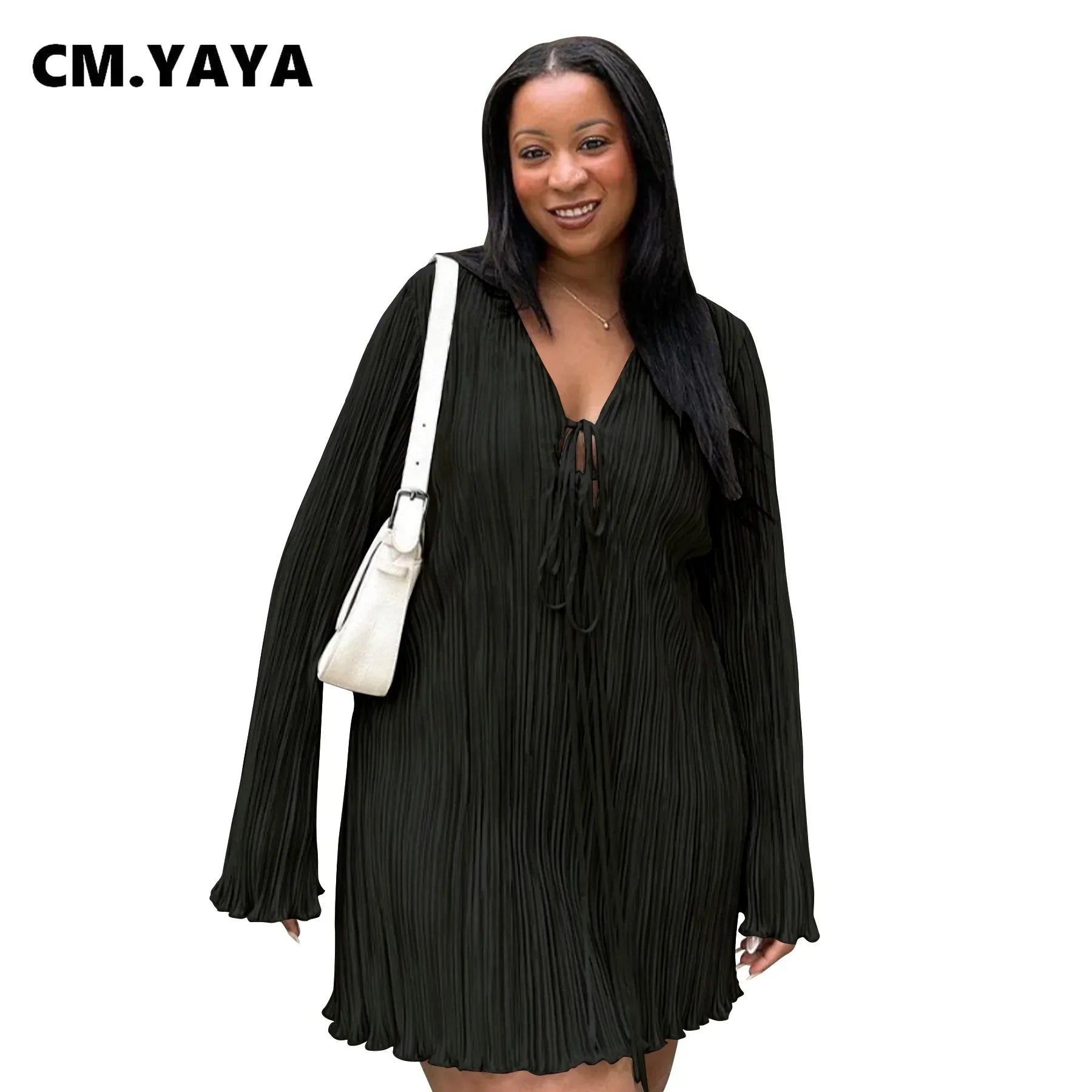 CM.YAYA Long Sleeve Women V-neck Pleated Dress Casual Streetwear Plus Size Mini Dresses 2024 Autumn Slim Party Casual
