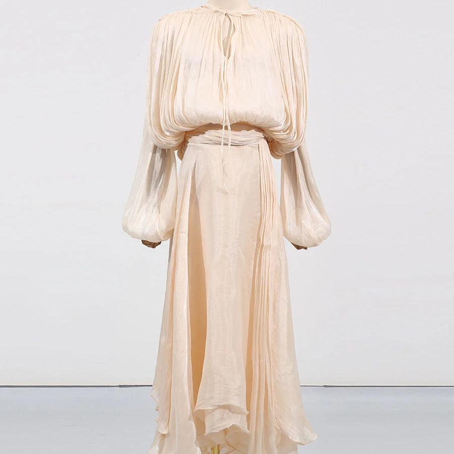 TWOTWINSTYLE Solid Loose Spliced Folds Elegant Dresses for Women Round Neck Long Sleeves Patchwork Lace Up Dress Female Fashion