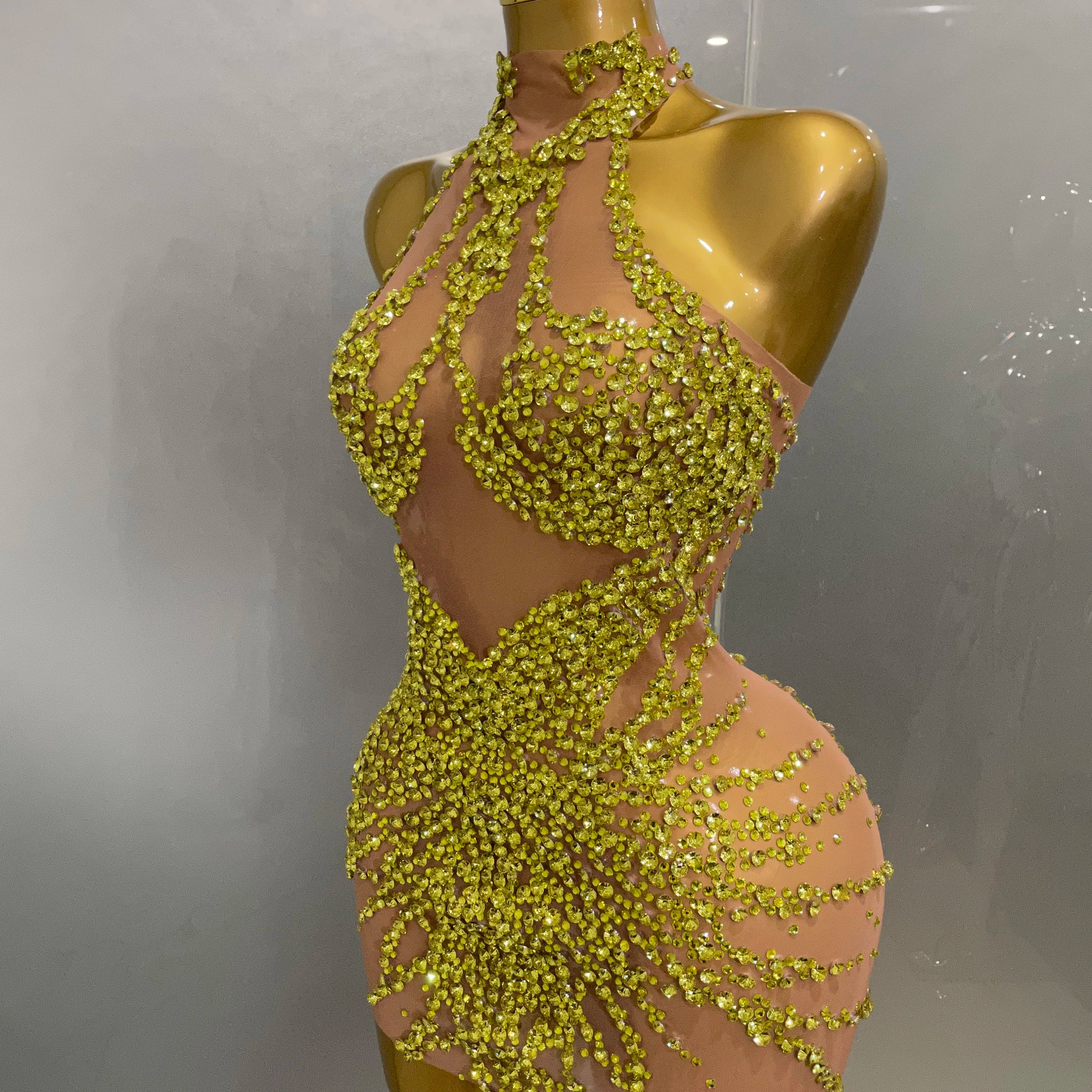 Luxury Sparkle Rhinestones Mesh Transparent Prom Dress 2025 New Women Sexy Birthday Celebrate Party Club Prom Outfit Bar Costume